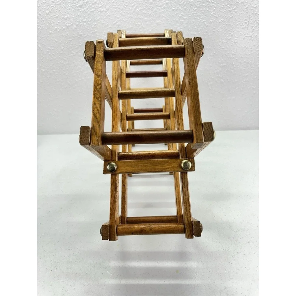 Vintage Expandable Wooden Wine Rack Accordion Style Oak Brass Tone Rivets MCM